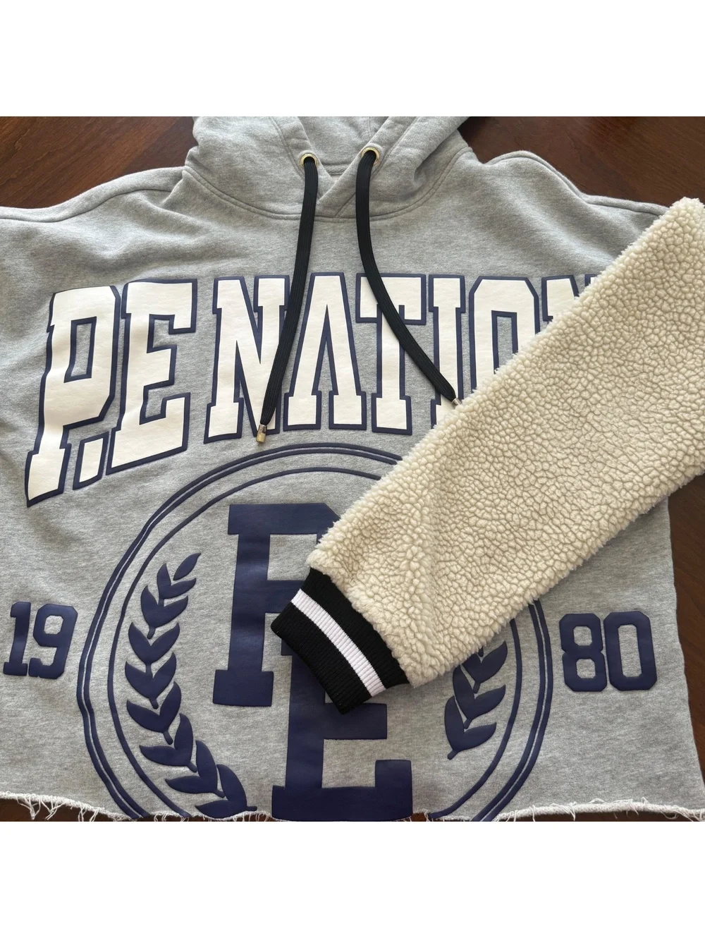 P.E Nation Grey Hoodie with Sherpa Sleeves and Drawstring Hood, Size S